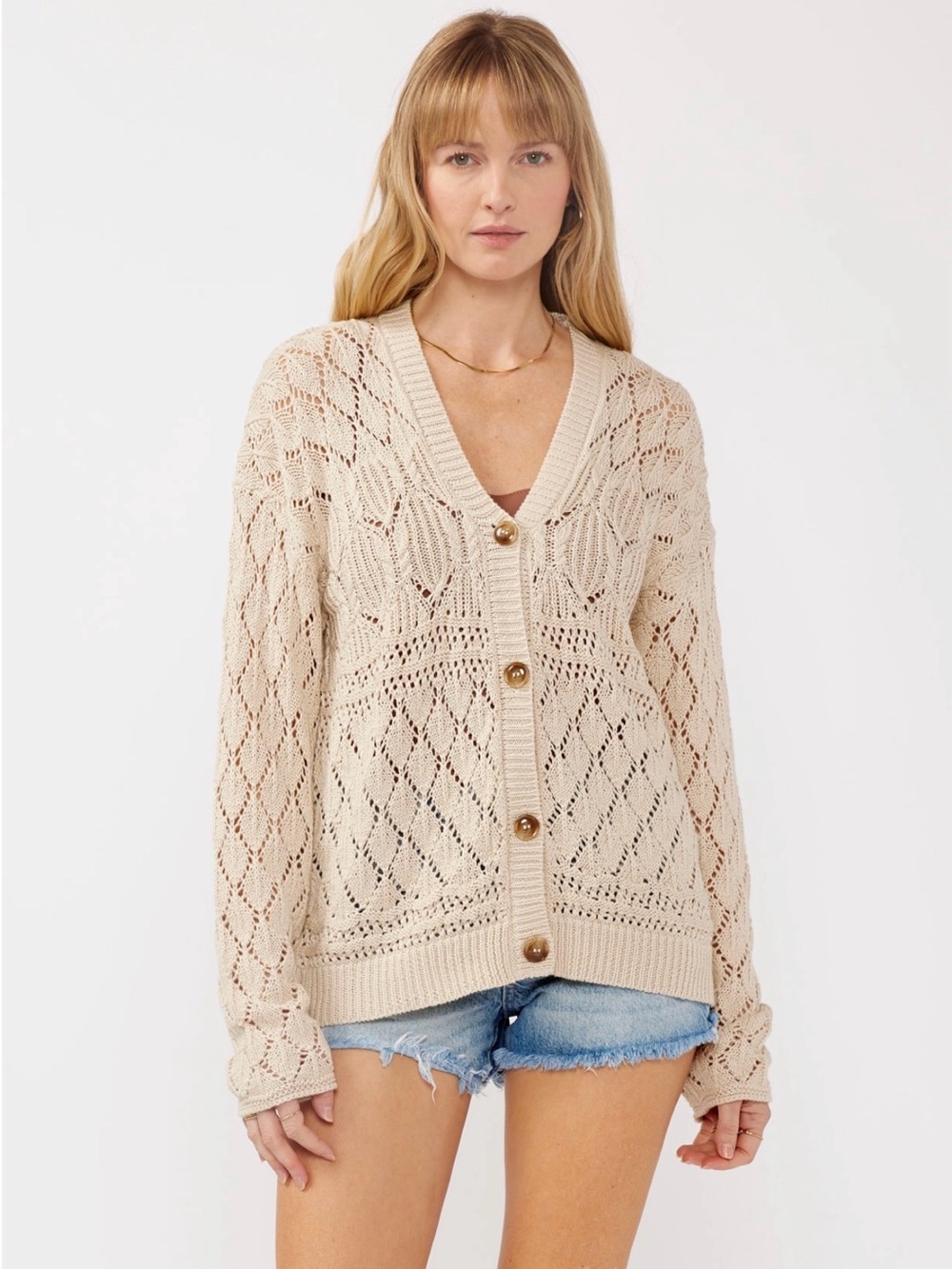 Cream Open-Knit V-Neck Button Cardigan